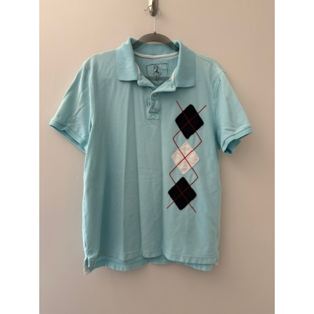 Club Room Mens Light Blue Argyle Applique Cotton Pique Polo Shirt Large